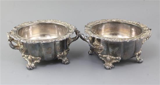 A pair of 19th century Sheffield plate two handled soufflé dishes with liners, 24.2cm.